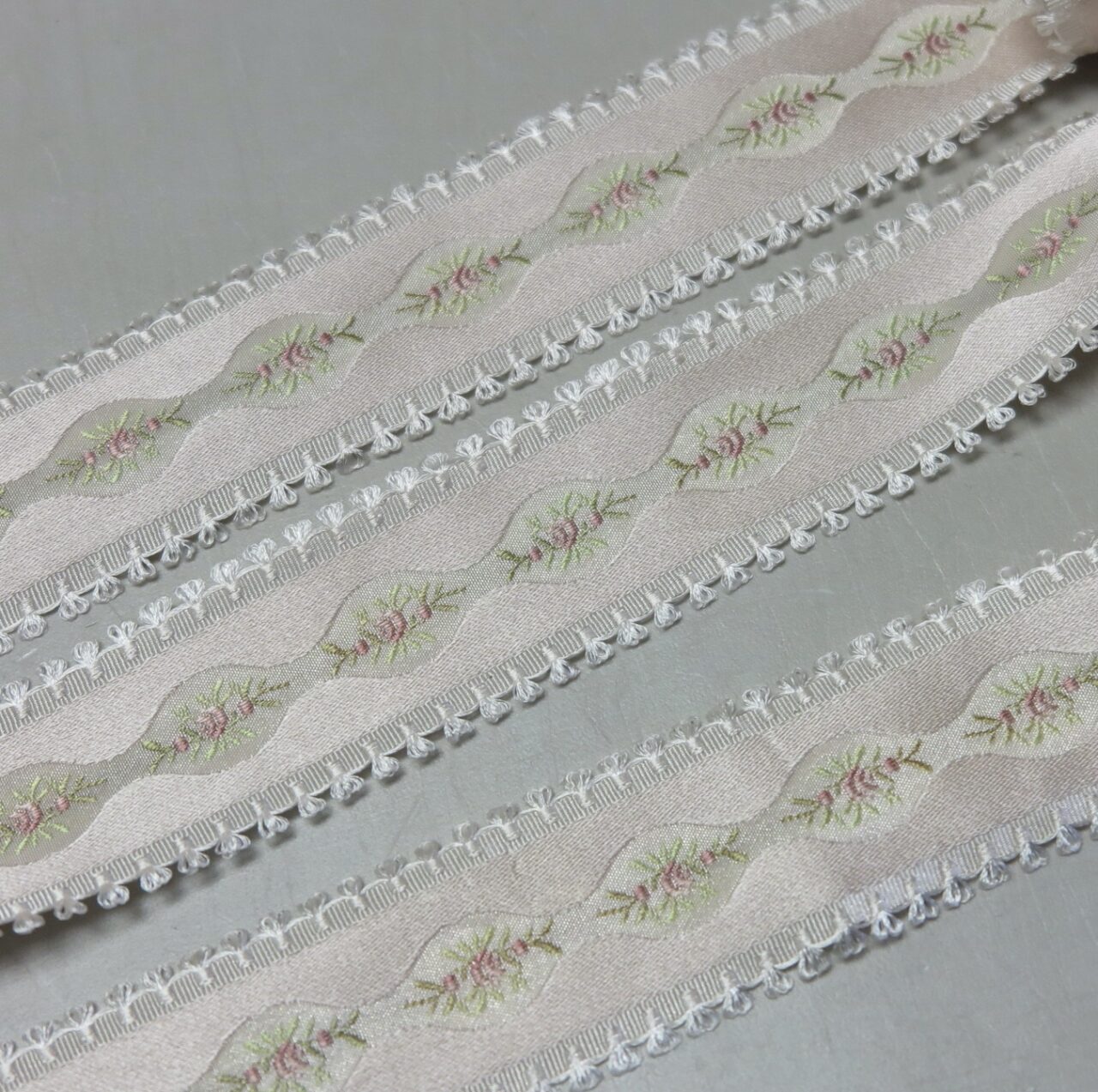 Jacquard Floral Ribbon, Lustrous Finish, Picot Edge 1 3/8 inches wide •  Promenade Fine Fabrics