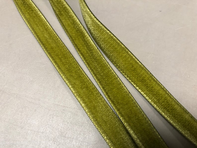 Double Faced Velvet Ribbon, Deep Chartreuse, 1/2 inch wide • Promenade Fine  Fabrics
