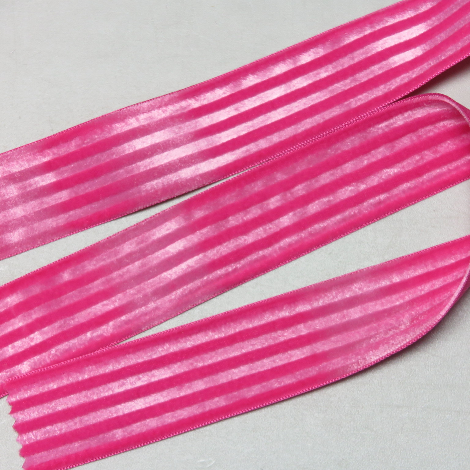 Velvet Ribbon with Lifted Stripe, Taffeta Backed, Hot Pink, 1 1/2 inches  wide, 3 3/8 Yard Piece • Promenade Fine Fabrics